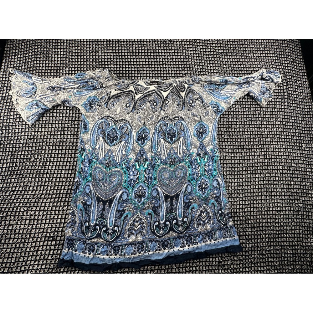 S.R. Fashion Off Shoulder Top Womens OS Blue Excellent Paisley Bell Sleeve